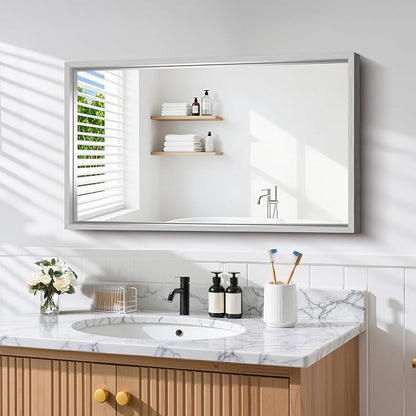 CIRCUMI 24"x40" Brushed Silver Bathroom Mirror, Rectangular Vanity Mirror | Chunky Box Metal Frame, Shatterproof, Tempered Glass, Bathroom Remodel&New Home,Wall Mirror for Over Sink,Living Room,Hallway