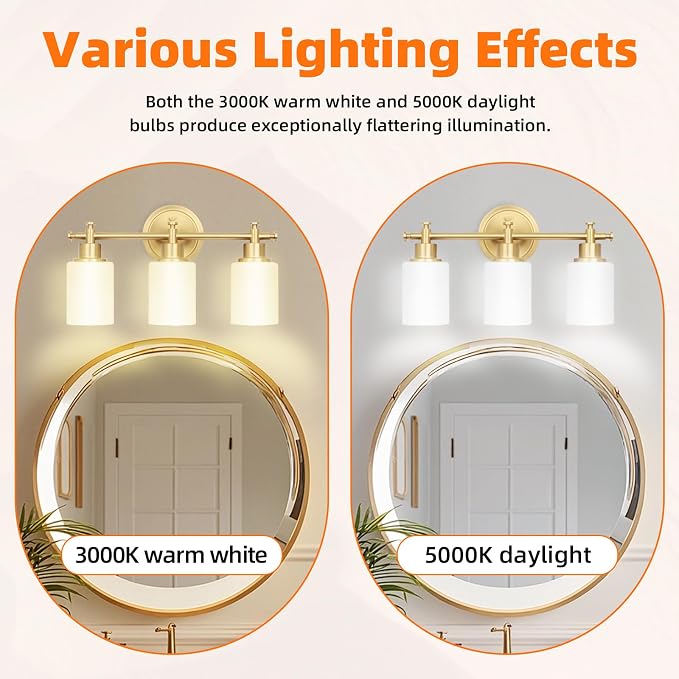 3-Light Gold Bathroom Vanity Light Fixtures, Brushed Gold Wall Sconce, Champagne Gold Vanity Light with Milky White Glass Shade Over Mirror, Bathroom, Bedroom, Modern Style, E26 Base | Champagne Gold Vanity Light Over Mirror with Milky White Glass Shad...