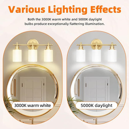 3-Light Gold Bathroom Vanity Light Fixtures, Brushed Gold Wall Sconce, Champagne Gold Vanity Light with Milky White Glass Shade Over Mirror, Bathroom, Bedroom, Modern Style, E26 Base | Champagne Gold Vanity Light Over Mirror with Milky White Glass Shad...