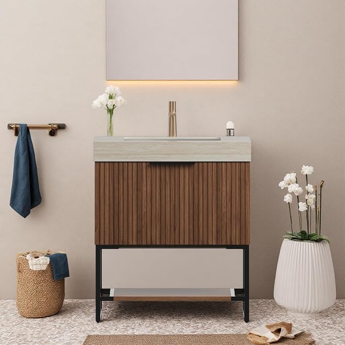 30" Freestanding Bathroom Vanity with Sink, Bathroom Vanity with Sintered Stone Top & Undermount Ceramic Basin, Pre-Assembled Striped Bathroom Storage Cabinet with Drawer & Open Shelf, Walnut