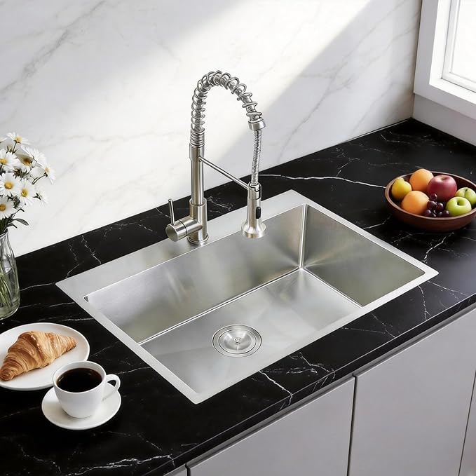 28x18 Inch Drop In Kitchen Sink, Topmount Stainless Steel Brushed Nickel Single Bowl Kitchen Sink, Extra-thick 16 Gauge Kitchen Sinks For RV Laundry Utility with Basket Strainer