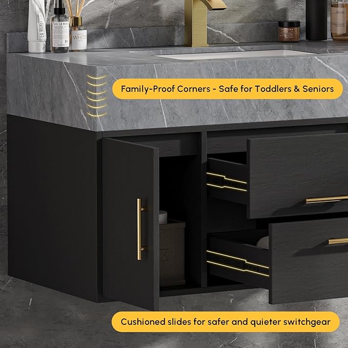 homary 39.4" Floating Bathroom Vanity with Sink, Modern Bathroom Vanity with Sintered Stone Countertop and 2 Drawers 2 Storage Cabinets, Undercounter Ceramic Sink Cabinet, Black