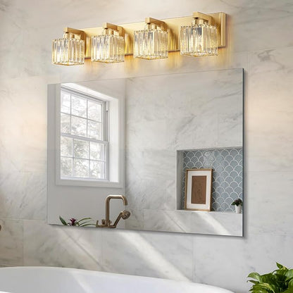 Gold Crystal Bathroom Vanity Lights, 4 Lights Bathroom Lighting Fixtures Over Mirror Modern Gold Crystal Bath Wall Light with Square Shade