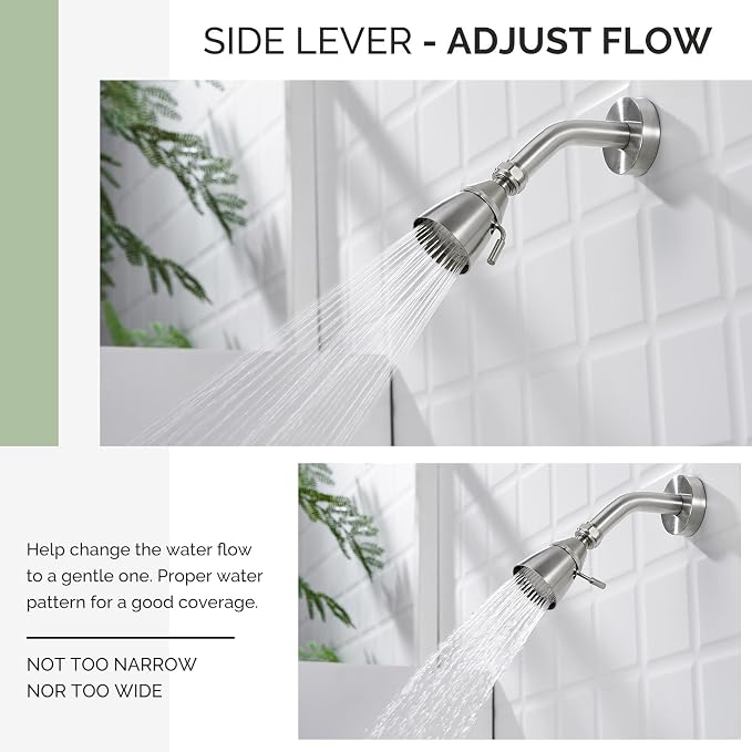 Angle Simple Shower Head High Flow, Brass Shower Sprayer, Brushed Nickel | High Pressure for Quick Rinsing, Swivel Joint & Adjustable Lever for Different Angle and Water Flow