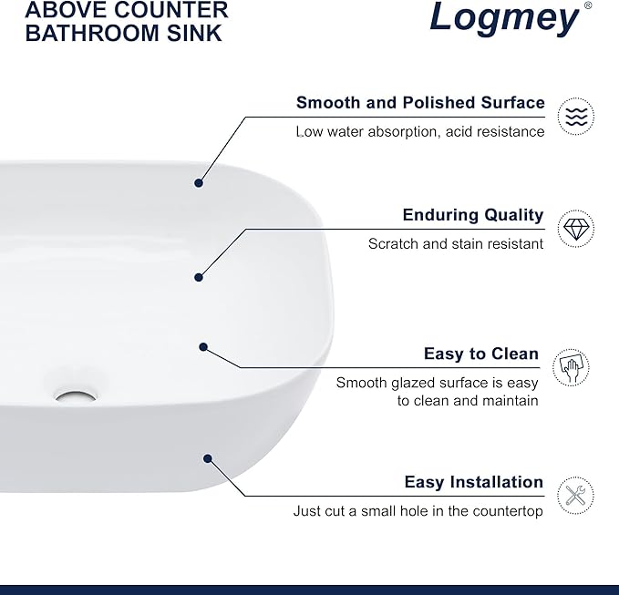 Logmey 18 Inch Bathroom Sink 18x14 Countertop Vessel Sink Rectangular Large Porcelain Ceramic White Bathroom Sink Modern Above Counter Vanity Sink Bowl