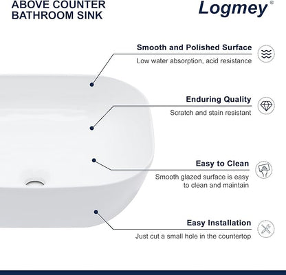 Logmey 18 Inch Bathroom Sink 18x14 Countertop Vessel Sink Rectangular Large Porcelain Ceramic White Bathroom Sink Modern Above Counter Vanity Sink Bowl