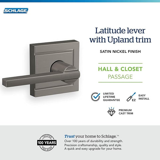 SCHLAGE F10 LAT 619 ULD Latitude Lever with Upland Trim Hall and Closet Lock, Satin Nickel