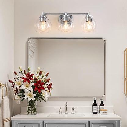 Upgrade 3-Light Bathroom Light Fixtures, Modern Vanity Light with Globe Glass Shade, Silver Chrome Bathroom Lights Over Mirror, Vanity Lights for Bathroom Bedroom Kitchen Hallway Living Room
