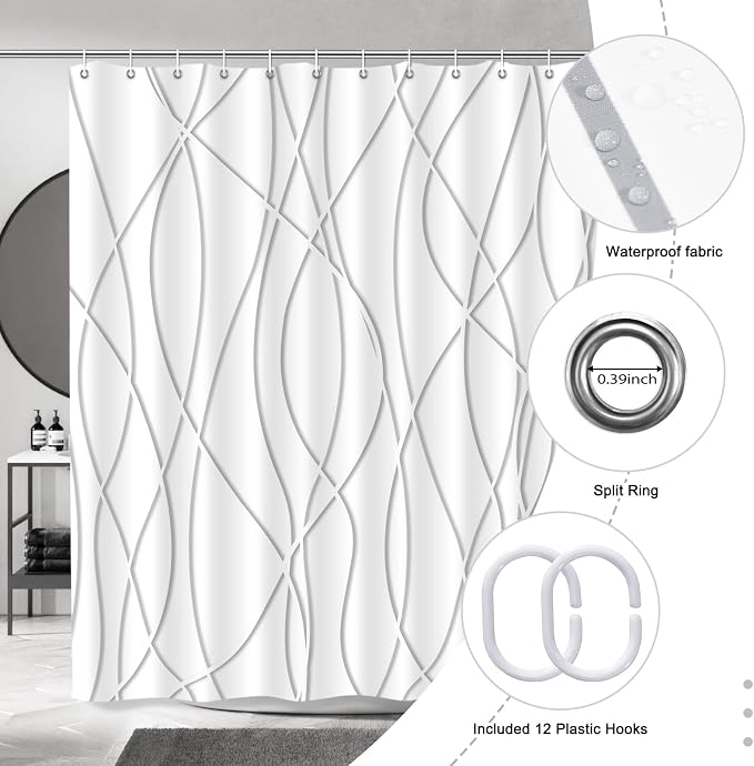 Striped Shower Curtain for Bathroom, Grey Shadow, 72" W x 72" L | with Hooks, Modern Hotel Style, Water Repellent, Washable, Weighted Hem