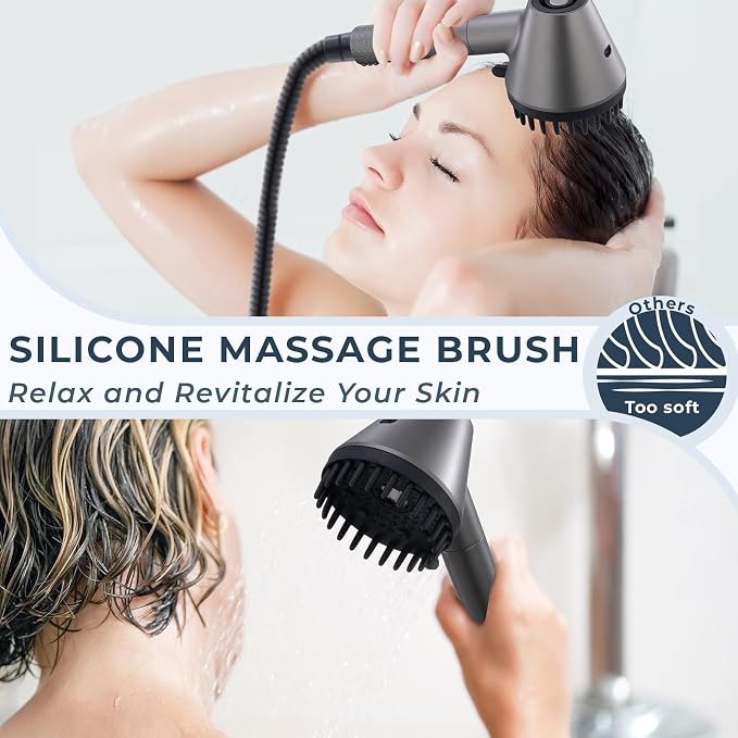 2026 Magnetic Filtered Shower Head with Handheld– High Pressure Showerhead with Power Wash Mode, Chlorine Removal, Massage Brush, Pressure Adjustable, One-Touch Pause (Gray)