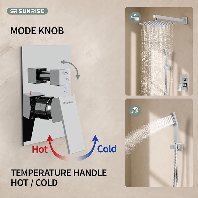 SR SUN RISE Polished Chrome Square Rainfall Shower Head and Handle Set, Wall Mounted Shower Fixtures, Metal Shower Faucet Trim Repair Kits (With Shower Valve)