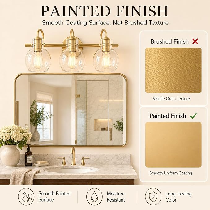 Gold Vanity Light, 3 Light Bathroom Light Fixtures, Modern Bathroom Vanity Lights Fixtures Over Mirror with Clear Globe Glass Shade, Gold Wall Sconces for Bathroom Hallway, E26 Base | Wall Sconce,Painted,Globe Glass Shade,E26 Base,UL Certified,Anti-Rus...