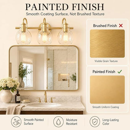 Gold Vanity Light, 3 Light Bathroom Light Fixtures, Modern Bathroom Vanity Lights Fixtures Over Mirror with Clear Globe Glass Shade, Gold Wall Sconces for Bathroom Hallway, E26 Base | Wall Sconce,Painted,Globe Glass Shade,E26 Base,UL Certified,Anti-Rus...
