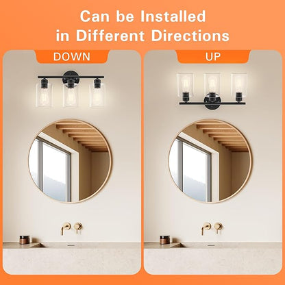 Espird Bathroom Vanity Light Fixtures Matte Black Bathroom Lighting Fixture, 3 Lights Bathroom Light Fixture Over Mirror, Modern Black Vanity Light, UL Certified Wall Sconces with Glass Shades