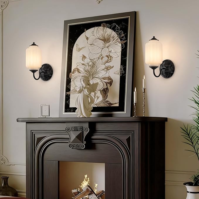 Vintage Gold Milk Glass Wall Sconce, Wall Light Set of 2 - Vintage Milky White Shade & Brass Finish Base, Indoor Hardwired Wall Lighting Fixture for Foyers, Bedroom, etc (Bulbs Included)-White
