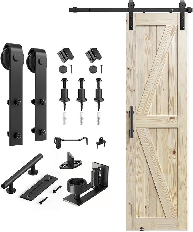 SMARTSTANDARD 28in x 84in Sliding Barn Door with 5ft Barn Door Hardware Kit Included, Unfinished Solid Spruce Wood Door, Assembly Required, DIY, Stainable, Natural | Unfinished Solid Spruce Wood Door, Assembly Required, DIY, Stainable, Natural