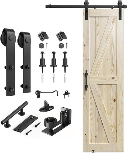 SMARTSTANDARD 28in x 84in Sliding Barn Door with 5ft Barn Door Hardware Kit Included, Unfinished Solid Spruce Wood Door, Assembly Required, DIY, Stainable, Natural | Unfinished Solid Spruce Wood Door, Assembly Required, DIY, Stainable, Natural
