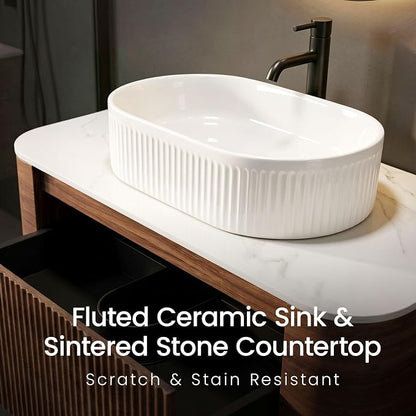 36" Preassembled Floating Bathroom Vanity with White Sink, Walnut | Mid-Century Modern Style, Fluted & Soft-Close Drawer with U-shaped Wall, Sinterted Stone Countertop, Towel Rack Included