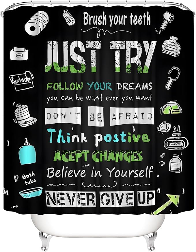 AZHM Black Inspirational Quotes and Positive Phrases Pattern Shower Curtain Set for Bathroom 4 Pcs Whimsical Design Bathroom Accessory Decor Sets with Shower Curtain and Rugs