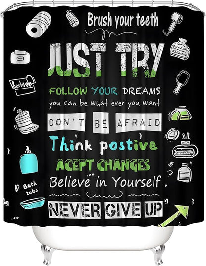 AZHM Black Inspirational Quotes and Positive Phrases Pattern Shower Curtain Set for Bathroom 4 Pcs Whimsical Design Bathroom Accessory Decor Sets with Shower Curtain and Rugs