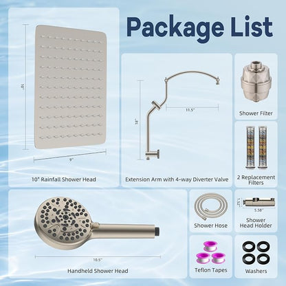 Hibbent 10'' Dual-Filter Metal Showerhead &10-Mode Handheld, Brushed Nickel | All Metal Stainless Steel Rain Showerhead, 4-way Diverter, Heightened All Metal Extension Arm, 71'' Hose & Holder, Easy Reach