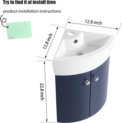 13" Bathroom Vanity with Sink, 13 Inch Floating Bathroom Vanity for Small Space, Modern Bathroom Vanity, Blue Wall Mounted Cabinet Set NB-053