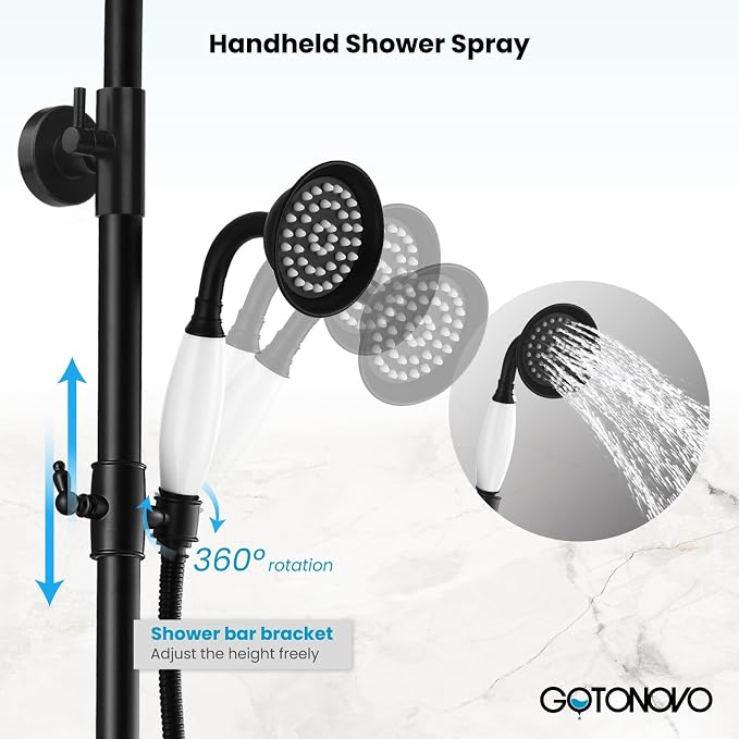 gotonovo Exposed Shower System with Spout,Matte Black,Shower Shelf | Brass Shower Faucet Set,8’’ Rain Head with Handheld Spray,Swivel Tub Spout,2 Cross Handle,6’’ Hole Distance,Adjustable Height