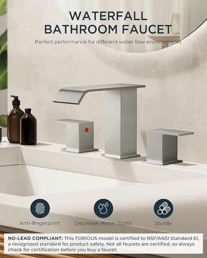 FORIOUS Bathroom Faucet 3 Hole 8" Widespread Sink Faucets Brushed Nickel | 3-hole 4-12 Inch Widespread Sink, Square Waterfall Spout, with Drain and Hoses,for Vanity Rv Commercial Lavatory Restroom