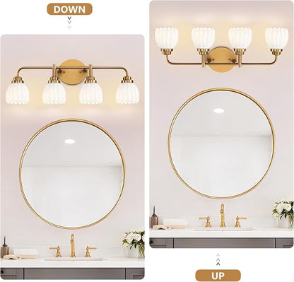 maesta Gold Broom Light Fixture,4 Light Vintage Vanity Light Over Mirror | Vintage Vanity Light, Brushed Gold Metal & Milk White Glass Shades, Anti-Rust, Easy to Install for Bathroom Hallway Bedroom