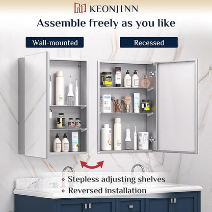 Keonjinn 36 x 24 Inch Bathroom Mirrored Medicine Cabinet, HD Tempered Glass | Lightweight Aluminum Structure, Freely Adjustable Shelves, Combined Assembly Needed, Wall Mount/Recessed Mirror with Storage