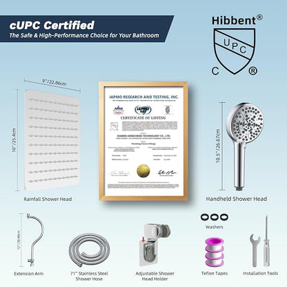 Hibbent All Metal CUPC Certified Shower Head, 10'' High Pressure Rainfall Shower Head, Handheld Showerhead Combo, 12'' Adjustable Extension Arm, 10 Sprays, 71'' Shower Hose, Showerhead Holder, Chrome