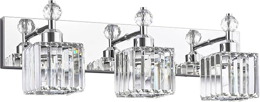 PRESDE Crystal 3-Light Vanity Light for Bathroom，Chrom Modern Bathroom Lights Fixtures Over Mirror