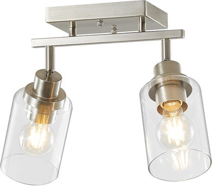 LOUSACE 2 Light Brushed Nickel Bathroom Vanity Track Light Fixtures Ceiling Mount Kitchen Track Lighting Kit with Clear Glass Shade, Modern Wall Ceiling Rotatable Tracking Light Heads for Accent Shop