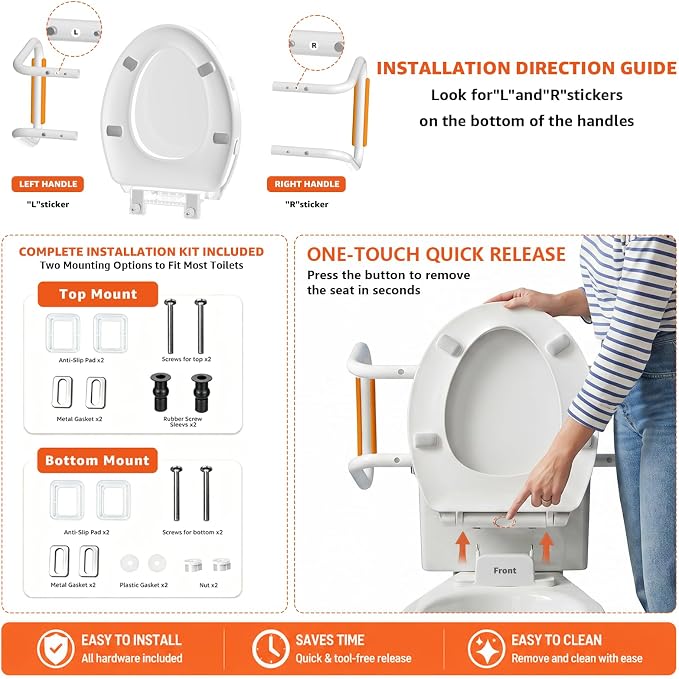 Huttdmel Round Bidet Toilet Seat with Handles, 2.8" Elevated Toilet Seat Riser, Soft Close, Quick Release, Non-Slip, No-Electric Wash, Adjustable Spray for Seniors, Elderly & Disabled,White