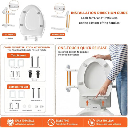 Huttdmel Round Bidet Toilet Seat with Handles, 2.8" Elevated Toilet Seat Riser, Soft Close, Quick Release, Non-Slip, No-Electric Wash, Adjustable Spray for Seniors, Elderly & Disabled,White