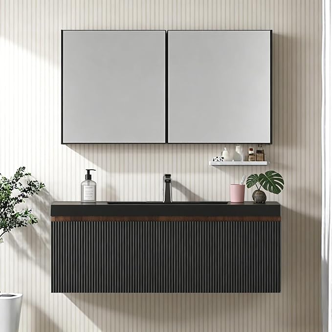 42'' Floating Bathroom Vanity with Sink, Wall-Mounted Bathroom Storage Cabinet with Soft-Close Striped Drawer & Quartz Sand Basin, Modern Smoked Walnut Body with Internal Handle, Black
