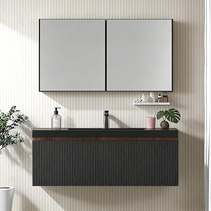 42'' Floating Bathroom Vanity with Sink, Wall-Mounted Bathroom Storage Cabinet with Soft-Close Striped Drawer & Quartz Sand Basin, Modern Smoked Walnut Body with Internal Handle, Black