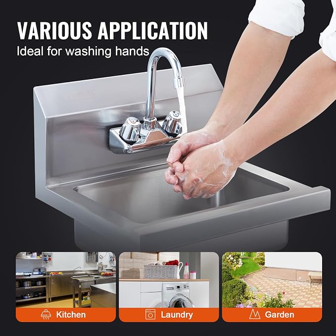 VEVOR Commercial Hand Sink with Faucet, Stainless Steel Sink for Washing, Small Washing Sinks, Wall Mount Hand Basin, Utility Sink for Restaurant, Kitchen, Bar, Garage and Home, 17 x 15 inch