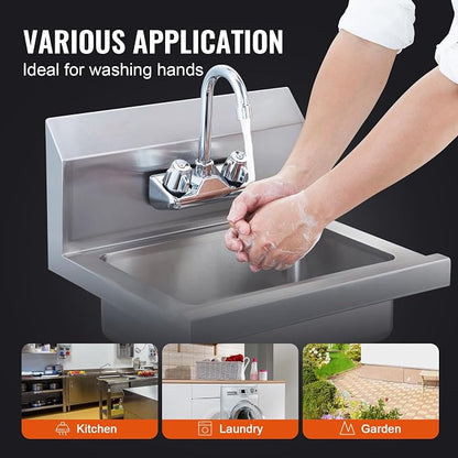 VEVOR Commercial Hand Sink with Faucet, Stainless Steel Sink for Washing, Small Washing Sinks, Wall Mount Hand Basin, Utility Sink for Restaurant, Kitchen, Bar, Garage and Home, 17 x 15 inch