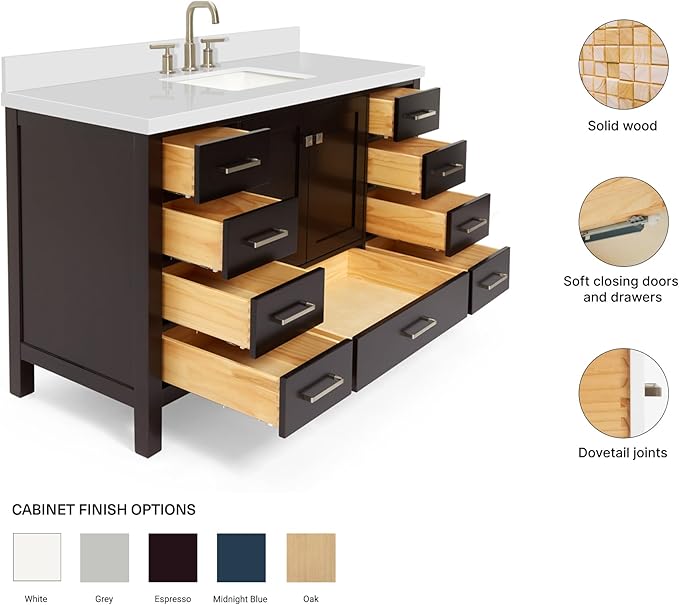 ARIEL Cambridge 54-inch Bathroom Vanity with Sink,Solid Wood, 1.5-inch Pure White Quartz Countertop, Single Rectangular Porcelain Sink, 2 Soft Closing Doors, 9 Dovetail Drawers, Espresso