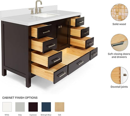 ARIEL Cambridge 54-inch Bathroom Vanity with Sink,Solid Wood, 1.5-inch Pure White Quartz Countertop, Single Rectangular Porcelain Sink, 2 Soft Closing Doors, 9 Dovetail Drawers, Espresso