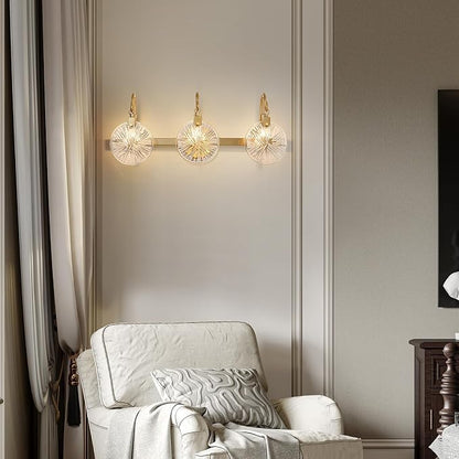 WUZUPS 3-Light Bathroom Light Fixture Over Mirror Morden Vanity Wall Sconces Clear Glass Shade for Bedroom Living Room, E12 Base, Brass Gold