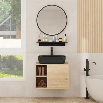 YOURLITE Bathroom Vanity, Wall-Mounted, 24" Floating Bathroom Cabinet with Mirror, Shelves & Faucet, Black Ceramic Vessel Sink