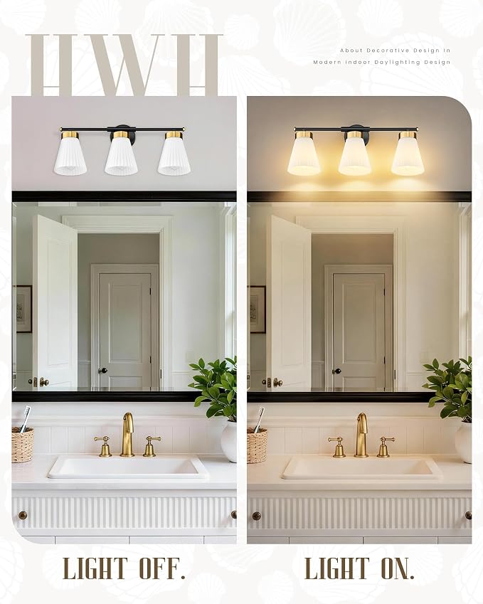 Bathroom Vanity Light, HWH 3-Light Wall Light Fixture for Bathroom Bedroom, Black and Gold Vanity Lights with Frosted Milk White Striped Glass, 5HZG97B-3W BK+BG
