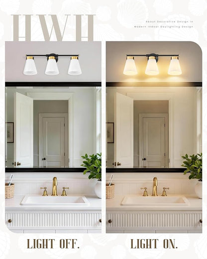 Bathroom Vanity Light, HWH 3-Light Wall Light Fixture for Bathroom Bedroom, Black and Gold Vanity Lights with Frosted Milk White Striped Glass, 5HZG97B-3W BK+BG
