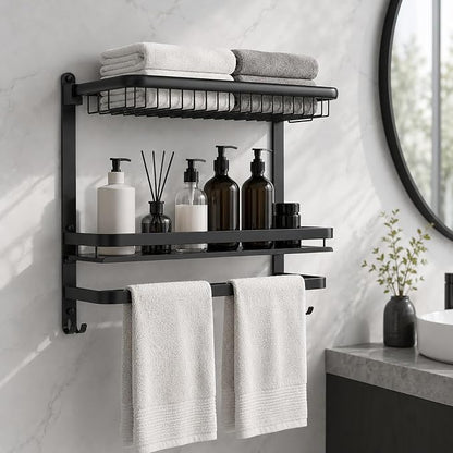 23 Inch Towel Rack for Bathroom with 3 Tier Shelf Double Bar Hook (Black) | 90 Degree Foldable Top Design, Wall Mounted Storage Shelf of 304 Stainless Steel, No Drill or Screw Installation