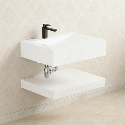 Wall-Mounted Resin Stone 24" Bathroom Sink, Seamless Integrated Vessel Sink with Sloped Design & Open Storage Shelf, Modern Floating Vanity for Bathrooms & Outdoor Spaces