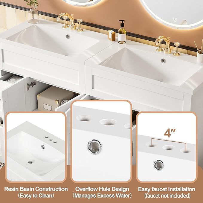 60" Bathroom Vanity Set with Double Sink, Harper & Bright Designs Vanity Cabinet with 4 Cabinet Doors, 4 Drawers, 2 Adjustable Shelves, Solid Wood Bathroom Cabinet with Resin Basin for Bathroom, White
