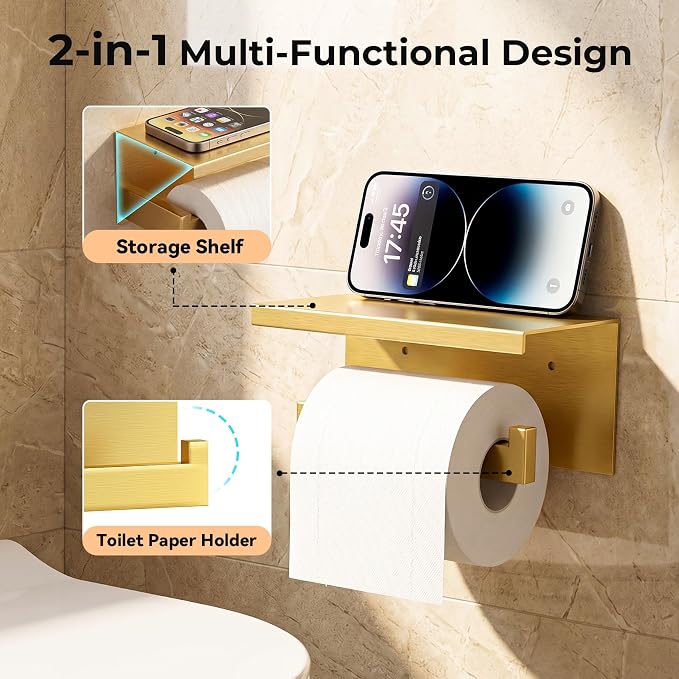 10-Piece Brushed Gold Bathroom Hardware Set SUS304 Stainless Steel, 2×23.6" Towel Bars, 2 Towel Rings, 2 Toilet Paper Holders & 4 Towel Hooks Wall Mounted Bathroom Accessories Set
