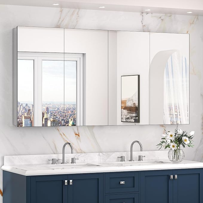 Keonjinn 64 x 32 Inch Oversized Medicine Cabinet Mirror, Adjustable Shelves | Assembly Required, Lightweight Aluminum Frame, Adjustable Shelves, Surface Mount or Recessed, Soft Close, Silver